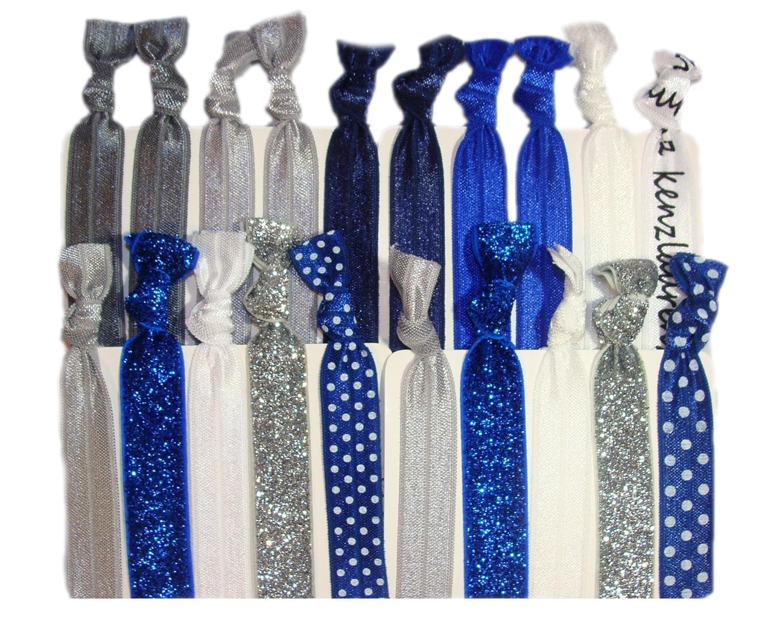 Hair Ties Ponytail Holders - 20 Pack"Blue Ice" with Silver Glitter and Blue Polka Dots No Crease Ouchless Elastic Styling Accessories Pony Tail Elastics Holder Ribbon Bands - By Kenz Laurenz