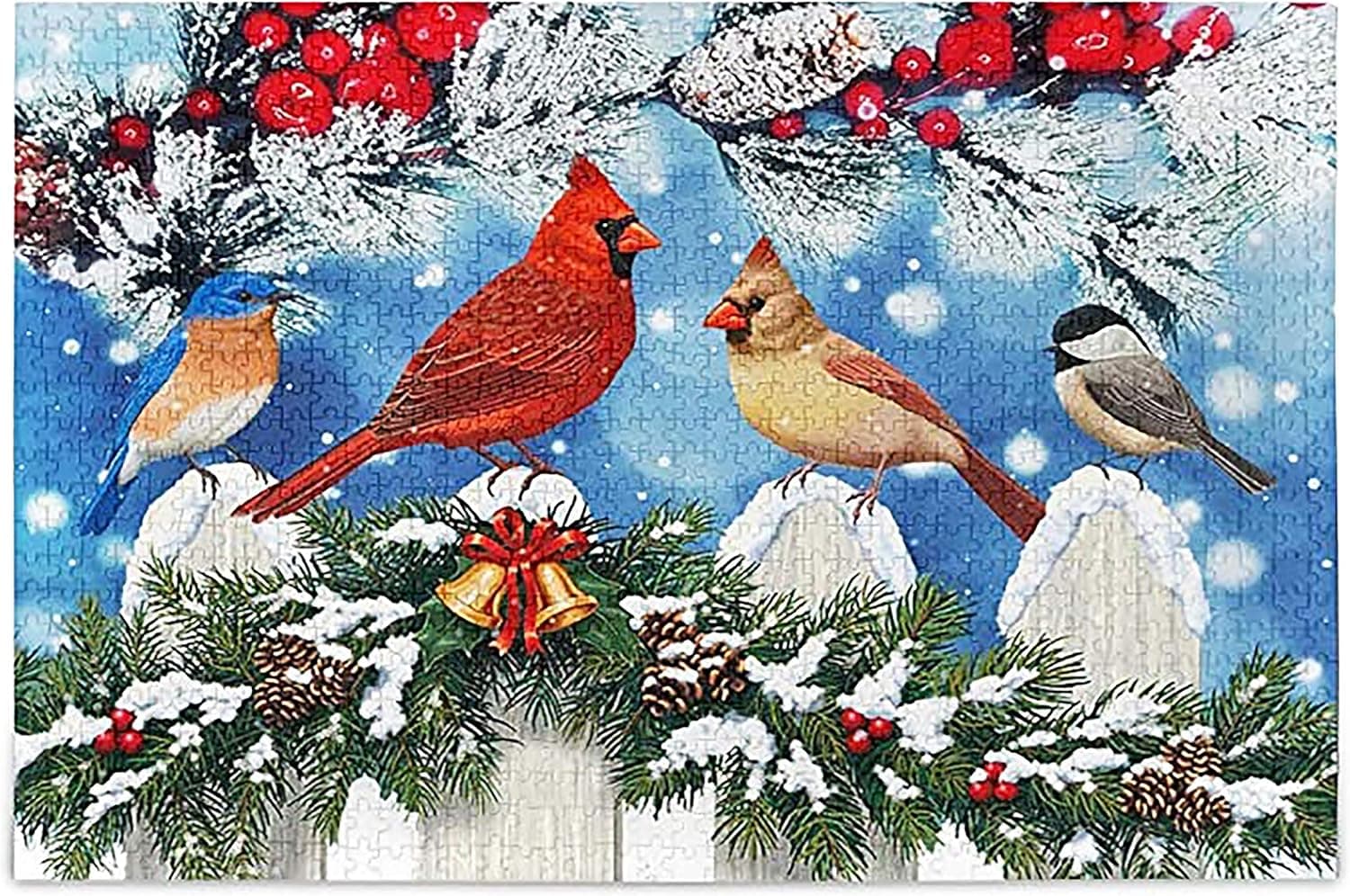 Christmas Winter Red Cardinal Jigsaw Puzzle Xmas Tree Berry 500 Pieces Puzzles Educational Intellectual Decompressing Fun Game for Kids Adult Home Wall Decor