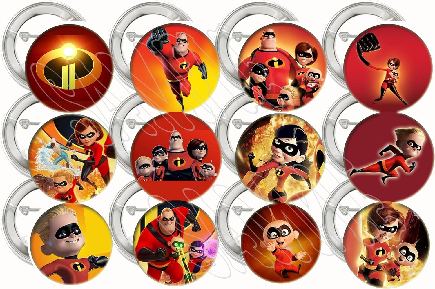 The Incredibles Buttons Party Favors Supplies Decorations Collectible Metal Pinback Buttons Pins, Large 2.25” -12 pcs, Mr. Incredible, Elastigirl, Violet, Dash JackJack