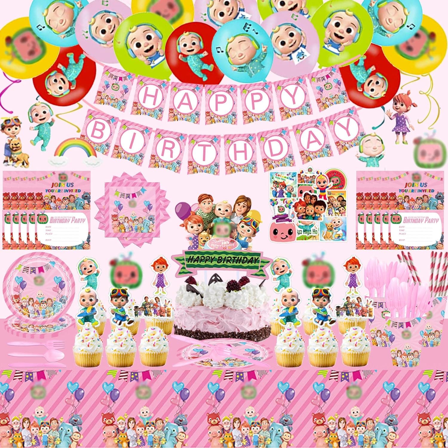 Cartoon Melon Party Decorations Party Supplies for Girls 202 Pcs Including Birthday Banner, Hanging swirls,Cake Topper, Balloons, Stickers, Invitation card, napkin, Tablecloth, Knives, Forks and Spoons