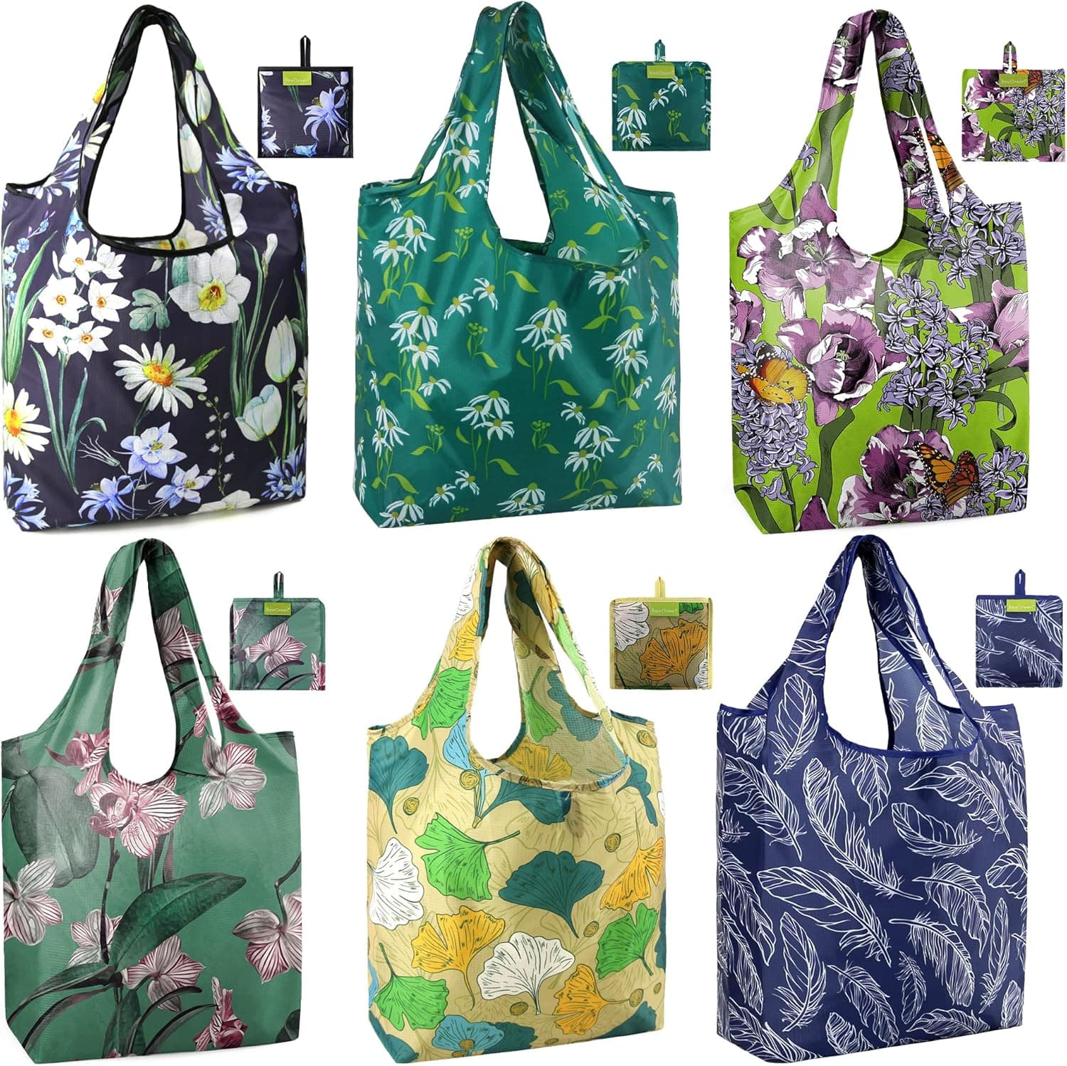BeeGreen 6 Pack Flowers Ginkgo Leaves Feathers Ripstop Waterproof Fabric 50 LBS Reusable Grocery Bags with Attached Pouch XLarge Lightweight Shopping Bags with long handles Reusable Shopping Bags