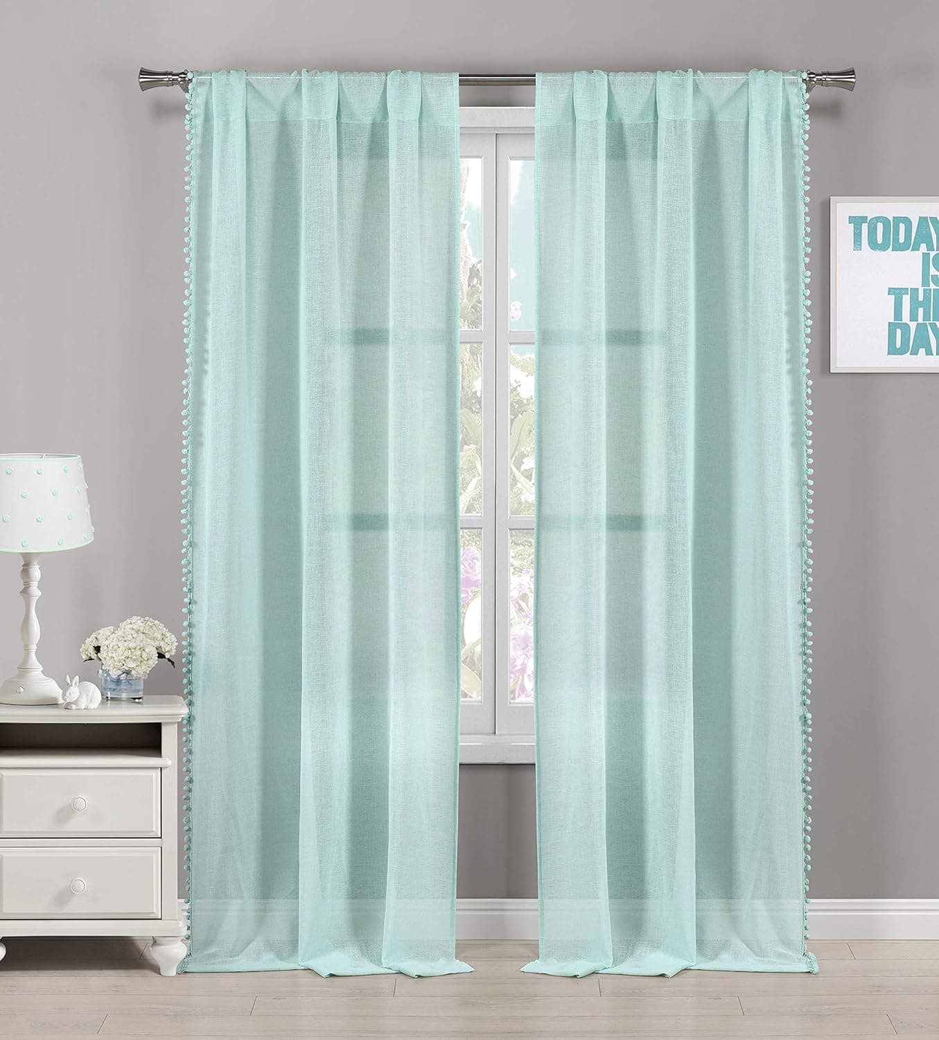 Lala + Bash - Lizbett PomPom Trim Top Border Pole Top Window Curtains for Living Room & Bedroom - Assorted Colors - Set of 2 Panels (38 X 84 Inch - Seafoam Blue)