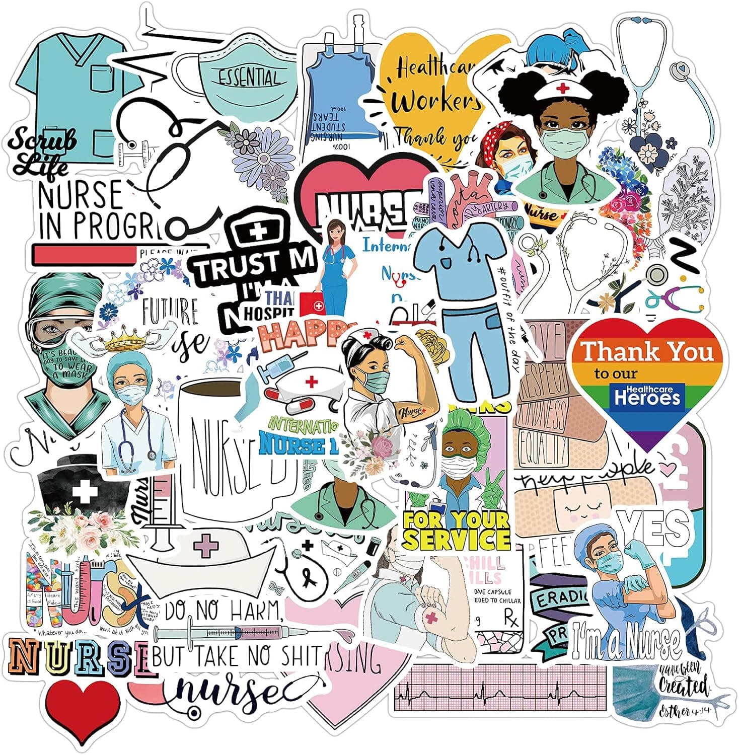 50Pcs Nurse Angel Stickers, Cartoon Medical Nursing Stickers for Kids Teens Adults, Waterproof Nurse Day Stickers Decals for Laptop Water Bottle Guitar Scrapbook