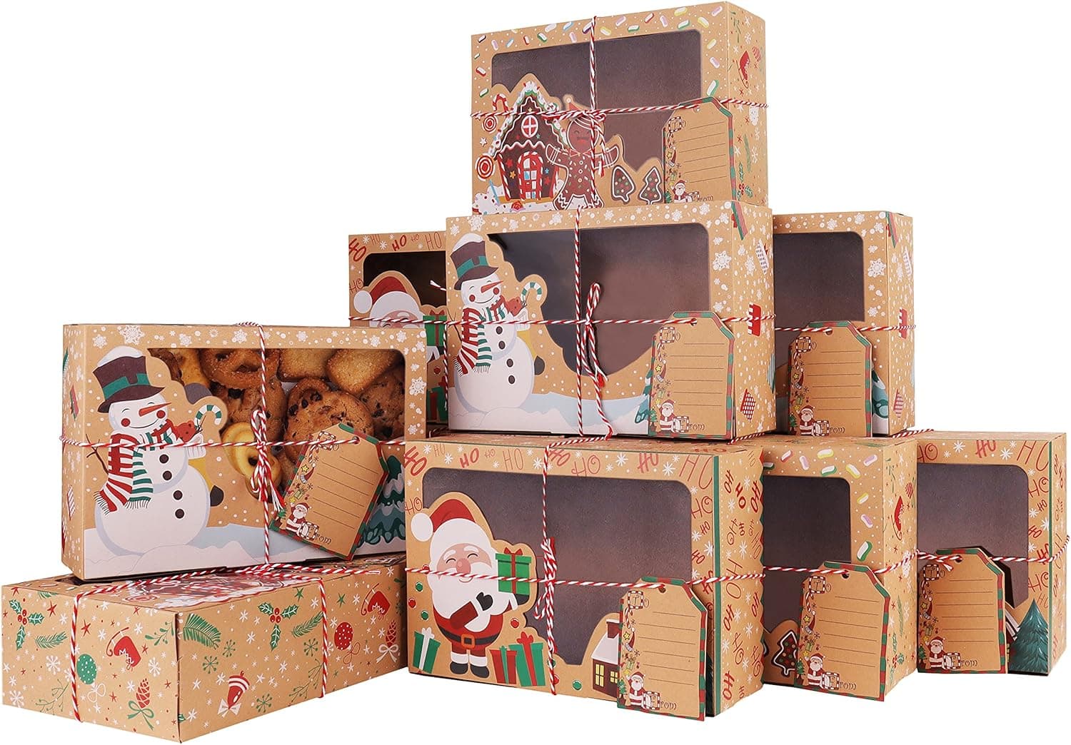 VoTii 12 Pcs Christmas Cookie Boxes For Gift Giving, Christmas Treat Boxes With Ribbons & Tags, Christmas Food Containers With Windows & Lids, 8.6 x 5.9 x2.7 Inch