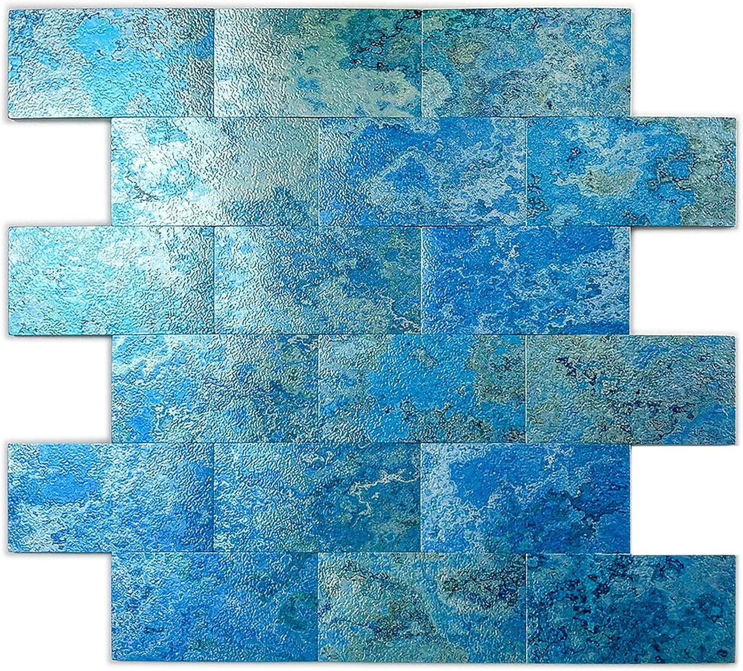 HomeyMosaic Peel and Stick Backsplash Tile Metal Subway Wall Tiles Stick on Kitchen Bathroom Fireplace(5 Sheets,Retro Blue)