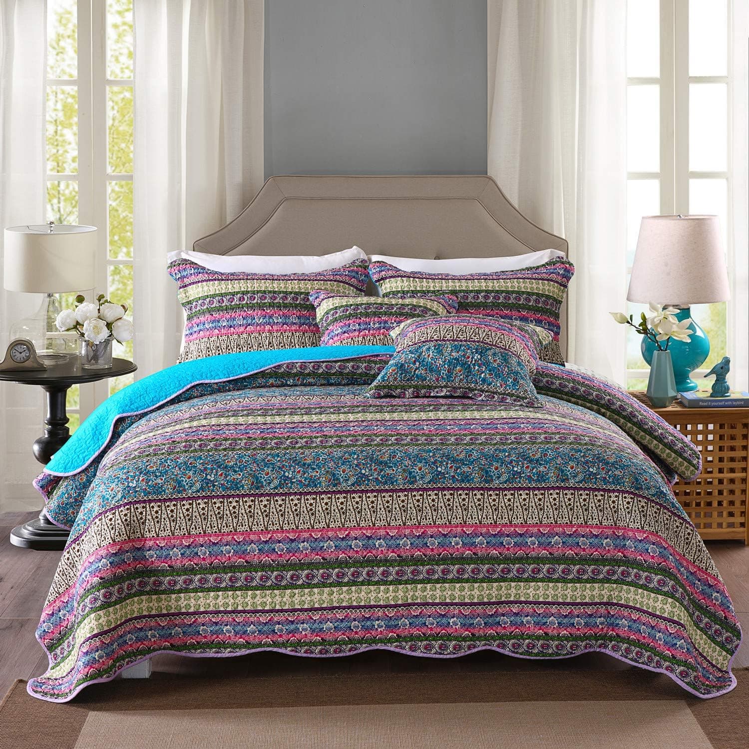 ielevations Bohemian Quilt Set Patchwork Bedspread Quilt Sets, Cotton Bedspread Quilt Sets Bedspread Coverlet for All Season - 3 Pieces, Queen Size