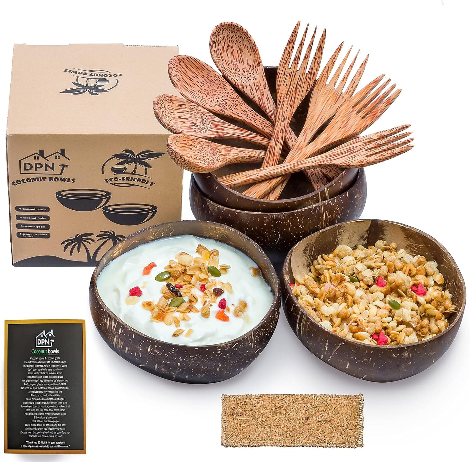 DPN Coconut Bowl with Wooden Spoons, Forks (Set of 4) and Coconut Scrubber Smoothie Bowls - Buddha Bowls and Sweets- Handmade Wood Acai Bowl - Salad Bowls - Vegan Coconut Shell Bowls Eco Friendly