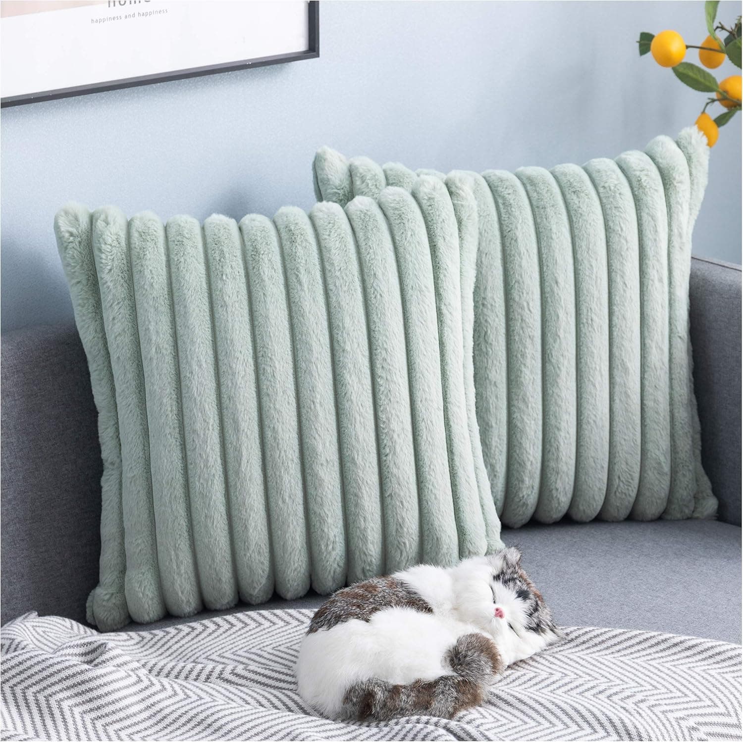 MISELCOUTH Soft Faux Fur Plush Decorative Throw Pillow Covers Furry Striped Pillowcase Cushion Covers for Sofa Couch Bedroom,18"x18" inch, Green, Pack of 2