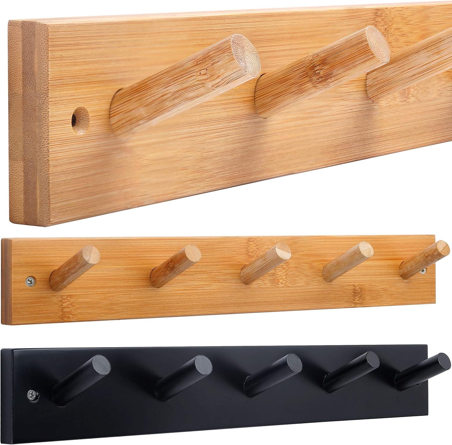 WEBI Coat Rack Wall Mounted,16’’ Hole to Hole,Coat Hanger Wall Mount with 5 Hooks for Hanging Coat,Hook Rack Peg Rail for Hats,Jacket,Clothes,Towels,Natural&Black