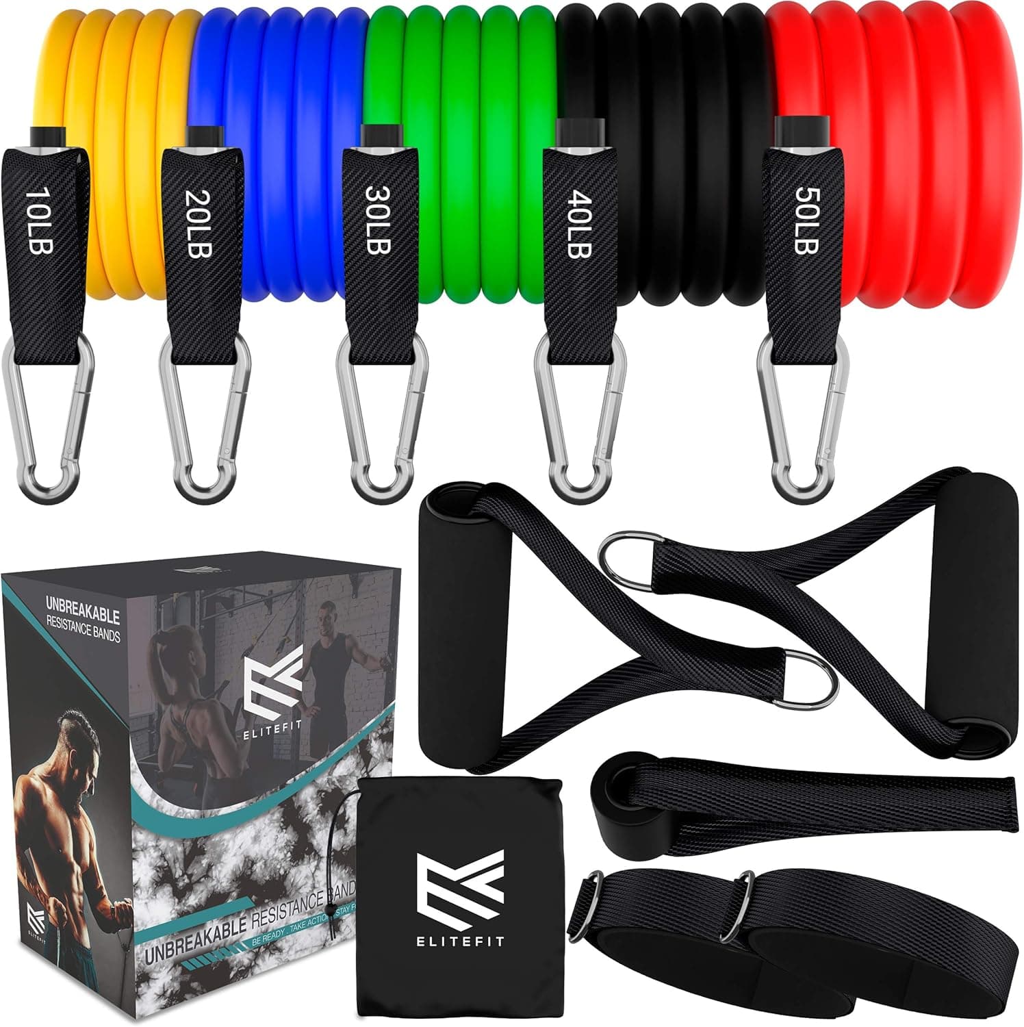 ELITEFIT Resistance Bands Set – Stackable Workout Bands up to 150lb – Exercise Bands with Handles, Door Anchor, Ankle Straps & Travel Bag – Heavy Duty Resistance Training Fitness Bands – 11 Pcs