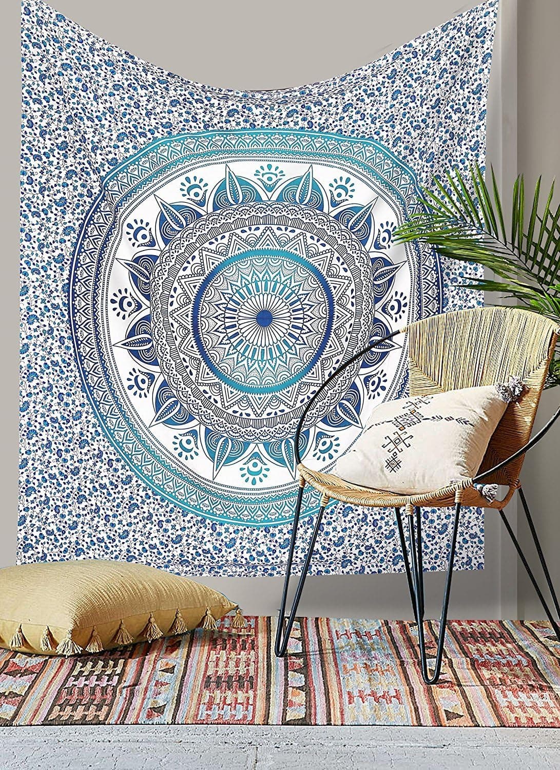 Exclusive Blue Tapestry Wall Hanging by JaipurHandloom Urban Tapestry Hippie Mandala Bohemian Psychedelic Intricate Floral Design Indian Bedspread Magical Thinking Tapestry
