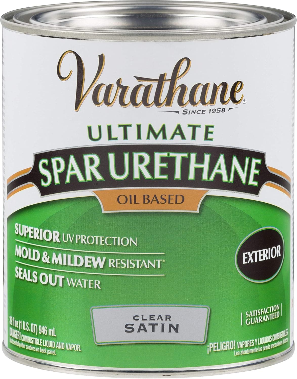 Rust-Oleum Varathane 242183H 1-Quart Classic Clear Oil Based Outdoor Spar 275 Voc Urethane, Satin Finish