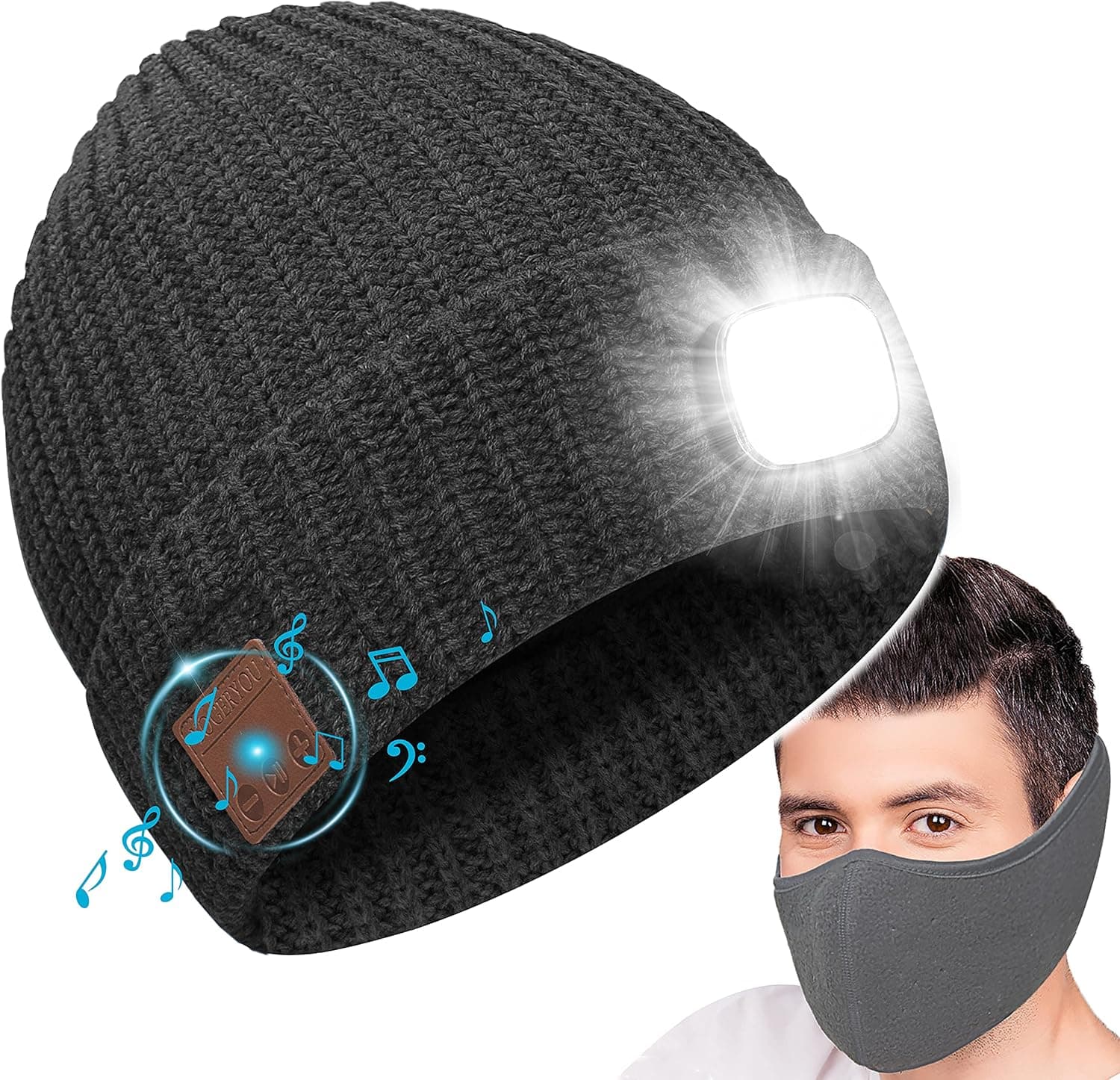 Bluetooth Beanie Hat,w/Light LED & Face Cover Women Men Gifts for Her Him Boyfriend Dad Teens Christmas Stocking Stuffers