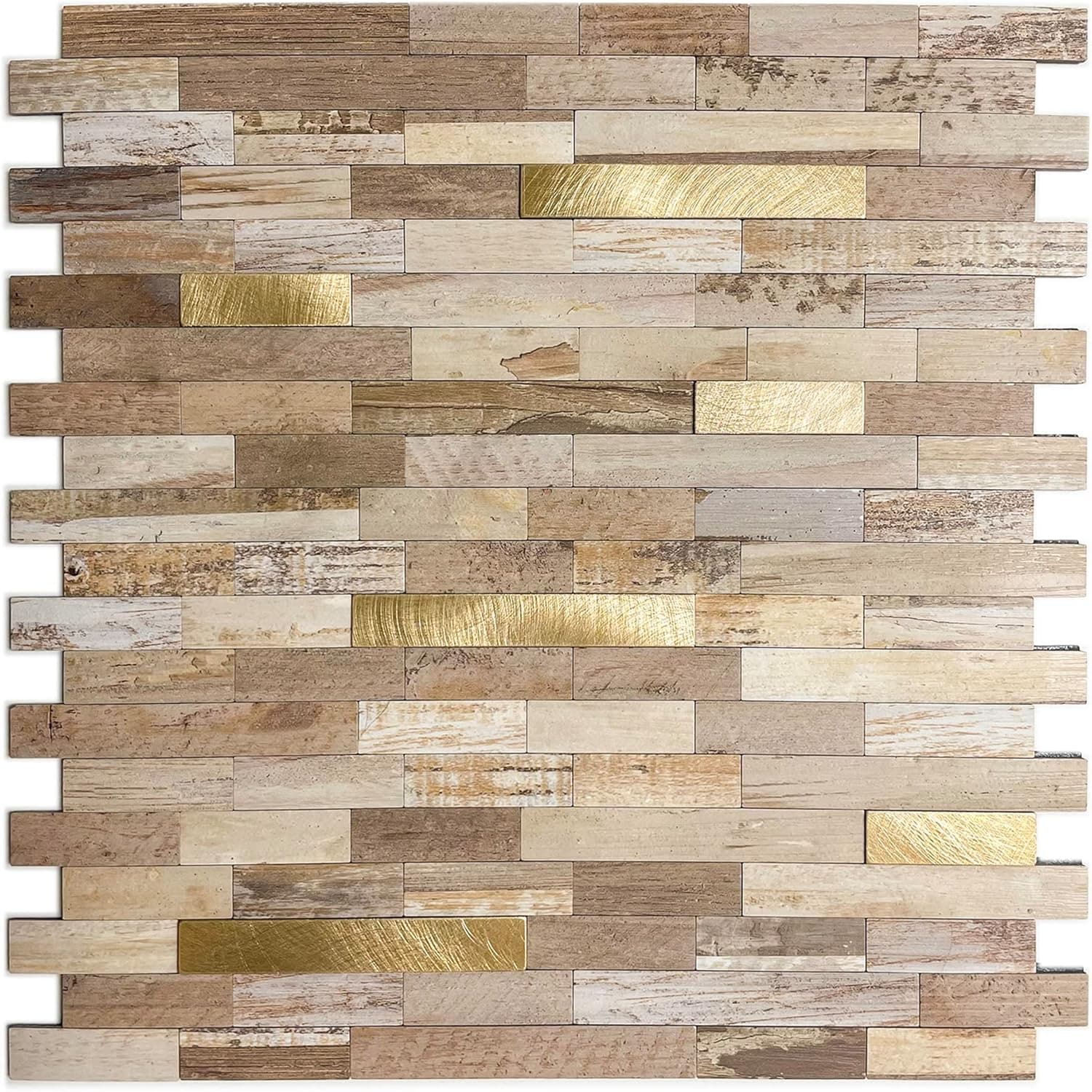 TenasHome 10-Sheets Backsplash Peel and Stick Tile Stick on Kitchen 3D Metal PVC Wood Wall Decor in Beige Birch&Gold