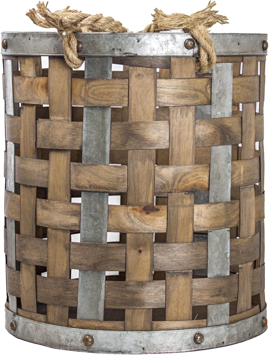 American Art Décor Rustic Bamboo and Metal Storage Basket Vintage Country Farmhouse Decor (Small)