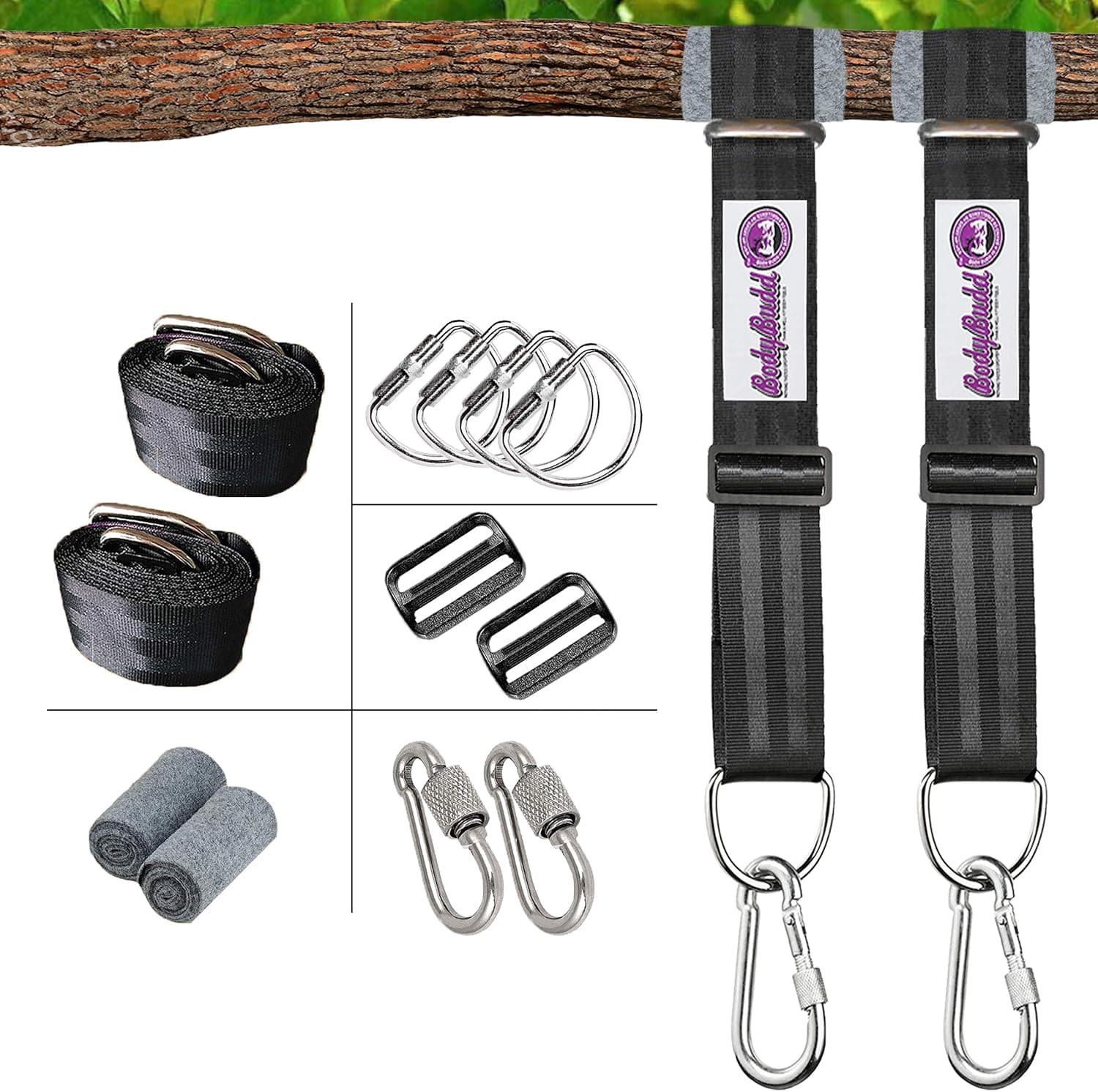 BodyBudd Tree Swing Adjustable Straps, Set of 2 (8 FT) Heavy Duty Hanging Kit, with Safety Lock Carabiner, and Tree Protector. Choice for Porch Swings, Hammocks, Tires, Saucers.