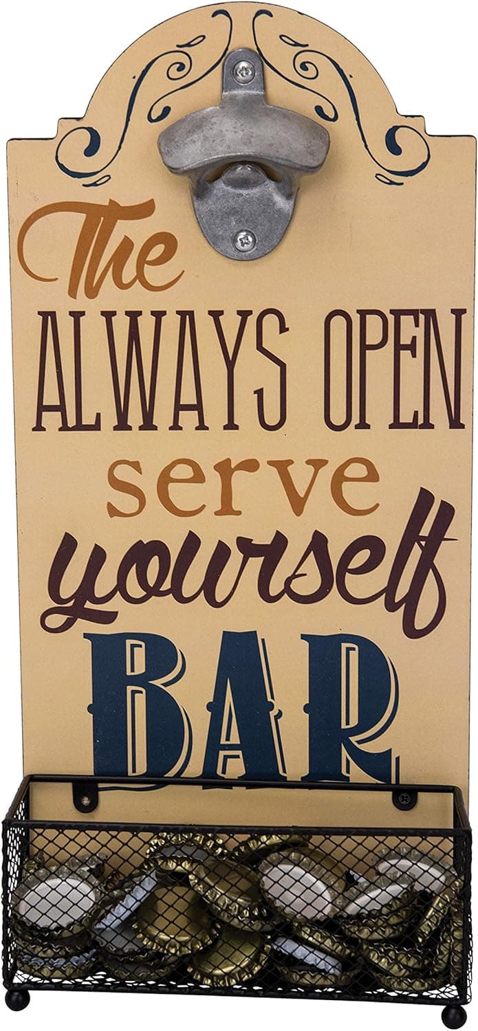 Boston Warehouse Always Open Serve Yourself Bar Wall-Mounted Bottle Opener with Cap Catcher