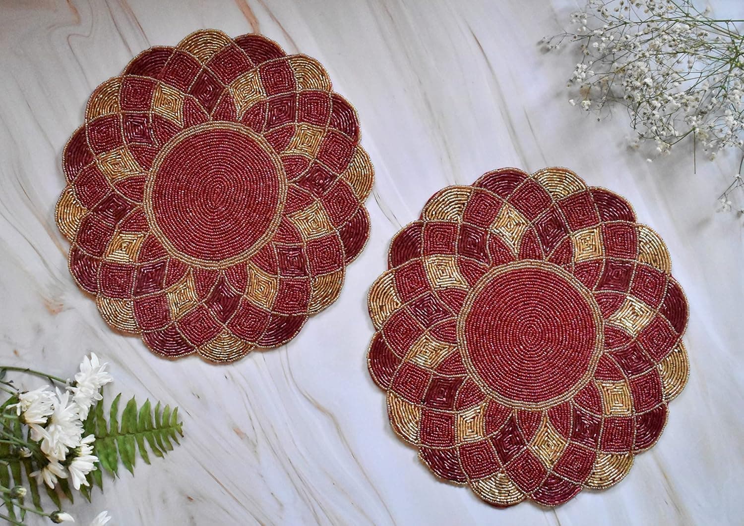 INDOOR ELEMENTS Beaded Embroidered Placemats Washable & Heat Resistant Table Mat Chargers | Dining Table Mats| Dining Set | Table Décor | Handmade Placemats | Kitchen Table Mats (Antique Red Design)