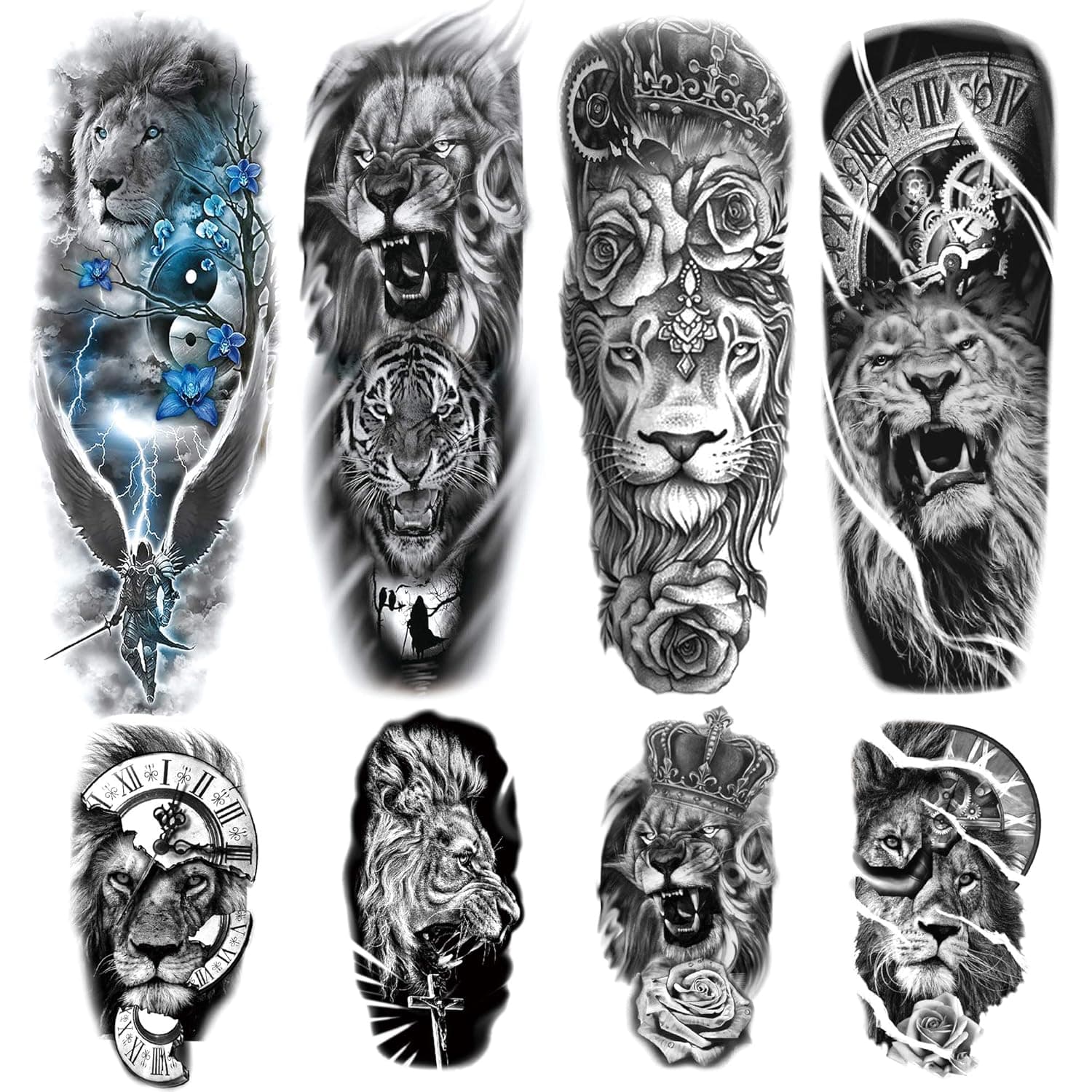 Lion Arm Sleeve Tattoos, 4-Sheet Large Lion Full Sleeve Tattoos and 4-Sheet Fake Lion Half Arm Sleeve Tattoos Sticker Makeup Props for Men Women Kids