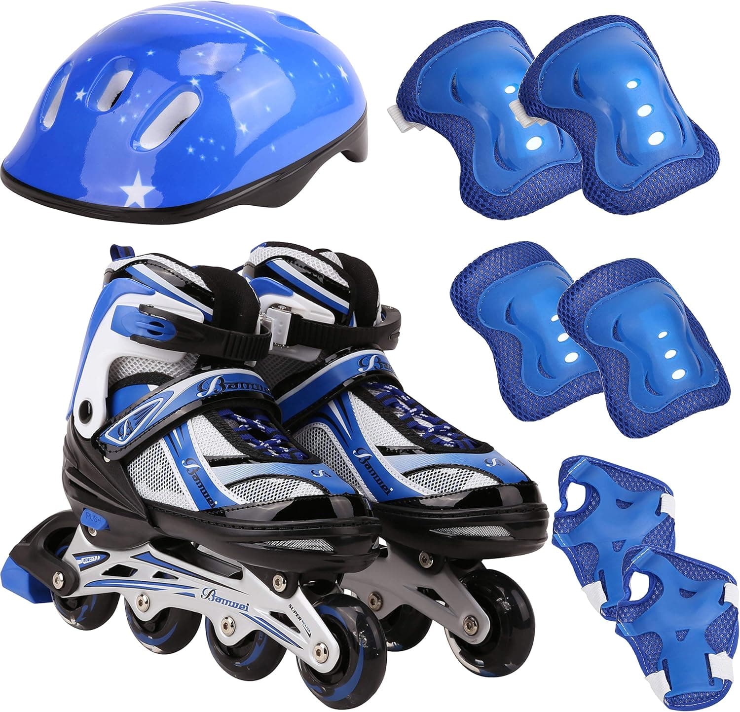 Kids Inline Adjustable Skates 6 PCS Beginer Set Safe Protective Pack Durable Safe Outdoor Light Up Wheels Blue