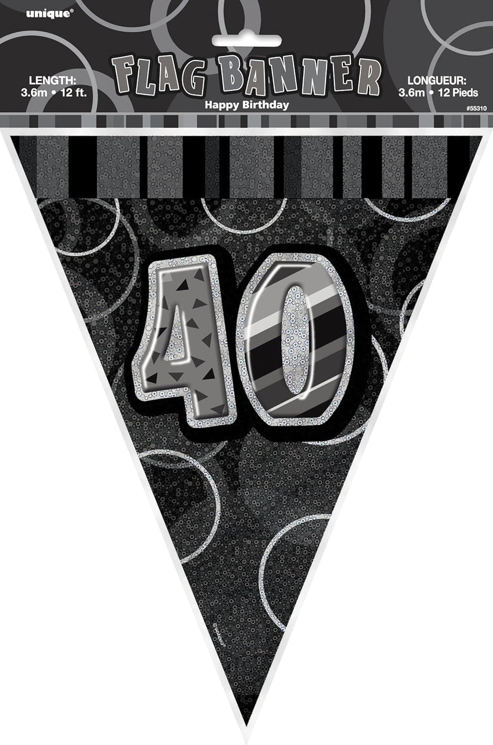 12ft Foil Glitz Black 40th Birthday Bunting Flags