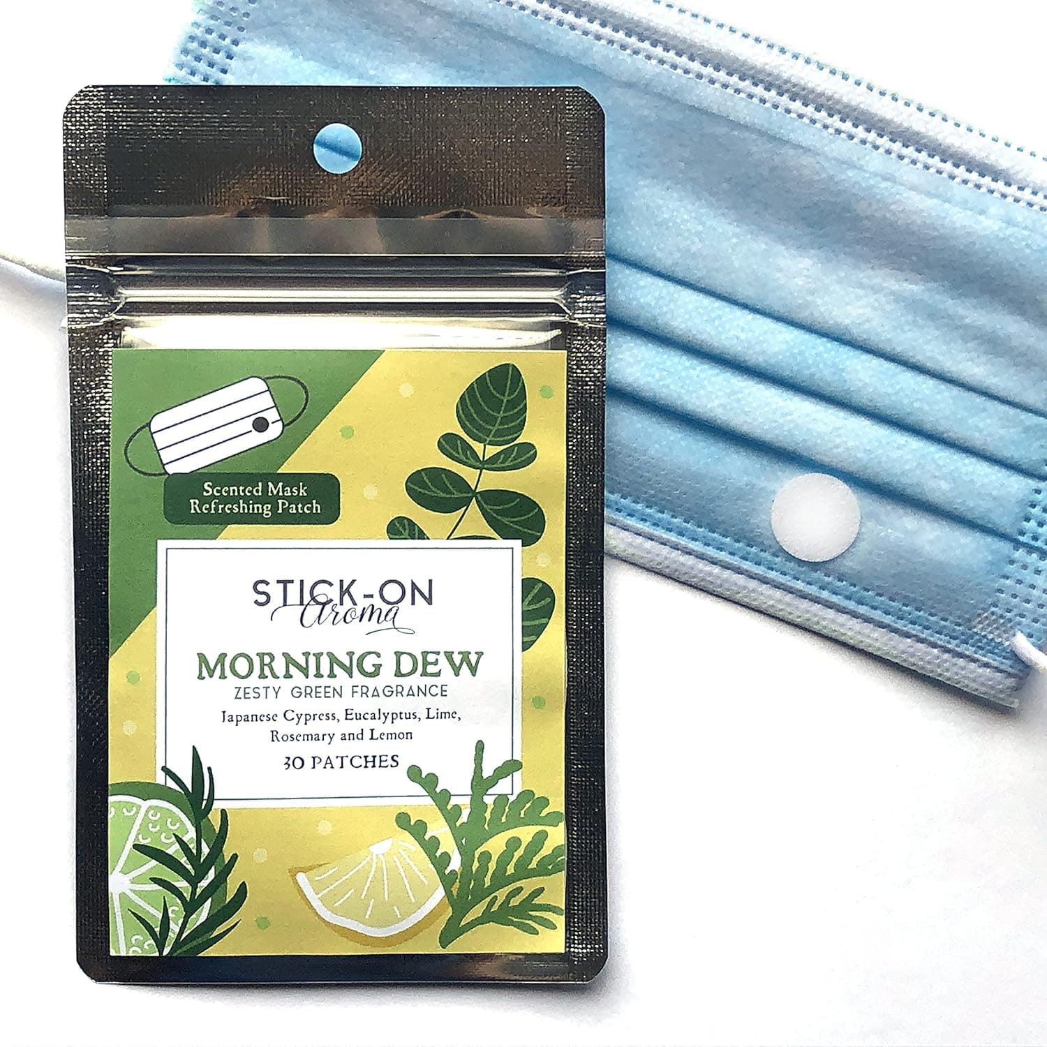 Stick on Aroma (Morning Dew) - Aromatherapy Inspired Scented Mask Patch 30 Stickers/Pack - Eucalyptus, Lime Fragrance of Relaxing Natural Essential Oil Aroma Infused Sticker - Face Mask Accessory