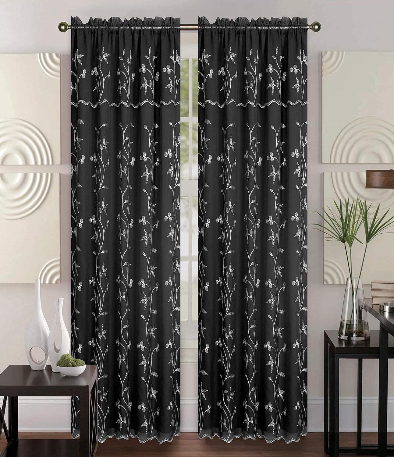 Kashi Home Double-Layer Embroidery Floral Vine Sheer Front Rod Pocket Decorative Curtain Panel 55x84 Inch with 18 Inch Valance, Alma Single Drape Panel (Black/Silver)