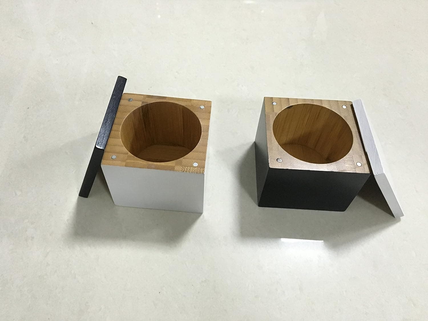 Bamboo Salt Box Spice Container With Magnetic Removable Lid For Secure Storage - Eco Friendly Special Design By Orcavia - Black And White Pack Of Two