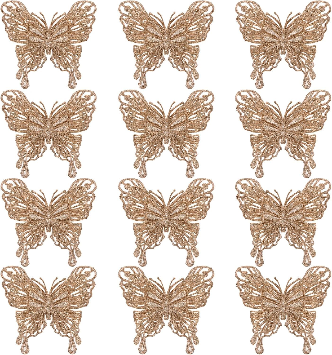 Jilimeli 12 PCS Glitter Butterfly Christmas Tree Ornaments, Hollow-Out Butterfly Christmas Decoration with Clips, Craft Christmas Ornaments, Christmas Tree, Garland, Home Decorations, Champagne