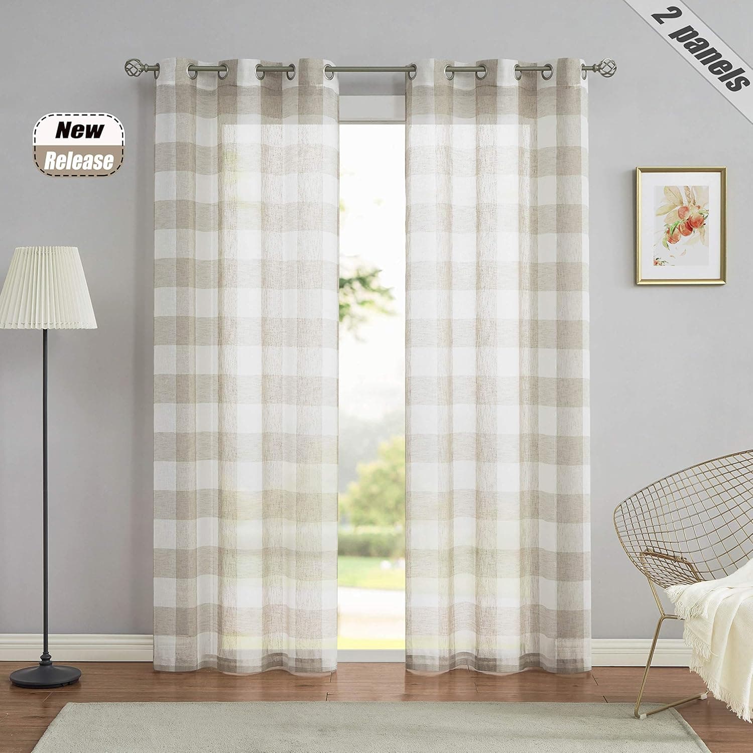 Ronaldecor Buffalo Checkered Plaid Curtains 84 Inch Length Linen Beige Gingham Semi Sheer Windows Panels for Living Room Bedroom, Grommet Top, 2 Panels, 40" x 84", Tan