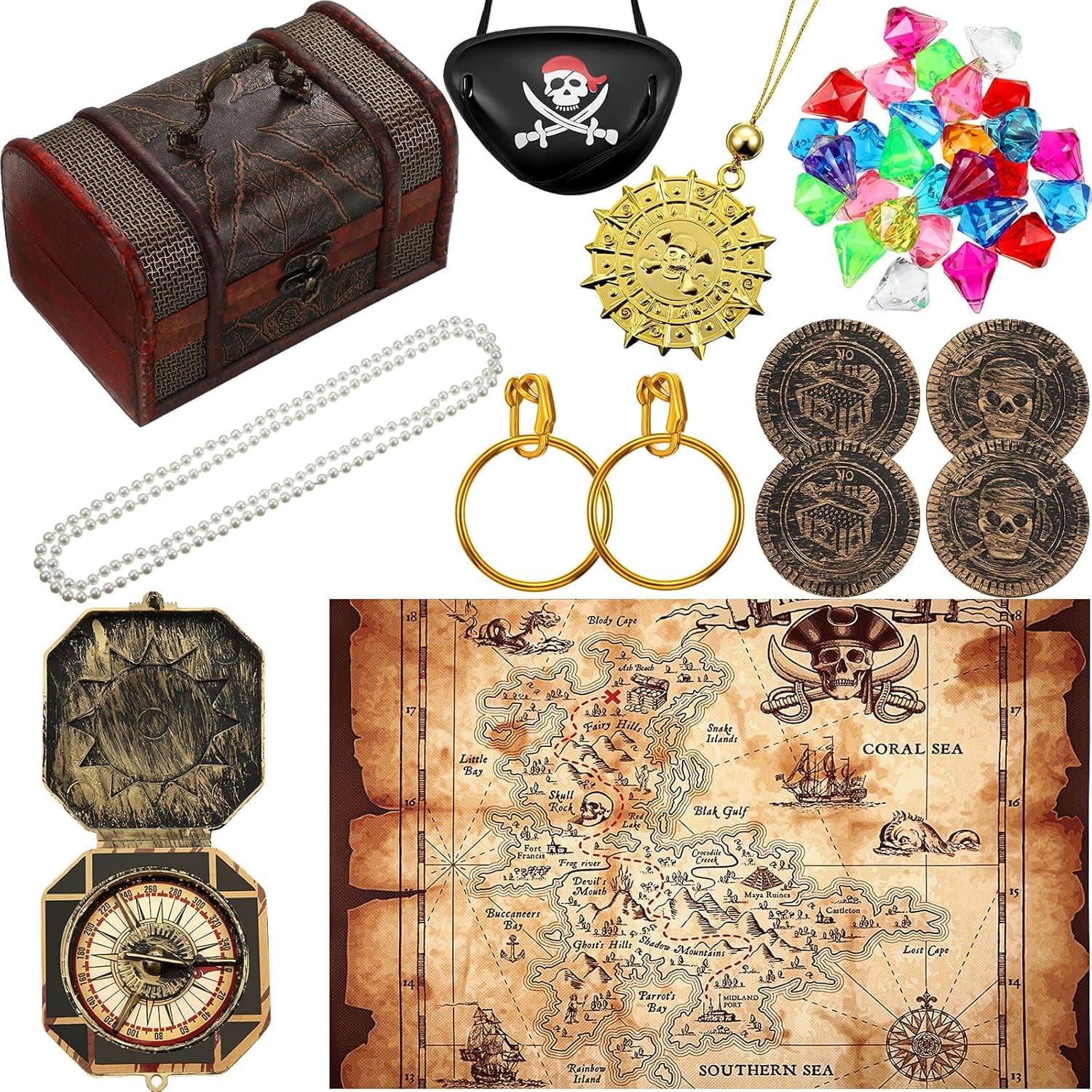 89 Pieces Pirate Treasure Chest Toy Kit Vintage Pirate Treasure Chest Pirate Eye Patch Gold Earrings Gold Coin Gems Plastic Toy Compass Pirate Map for Cosplay Themed Party Favors (Retro Style)