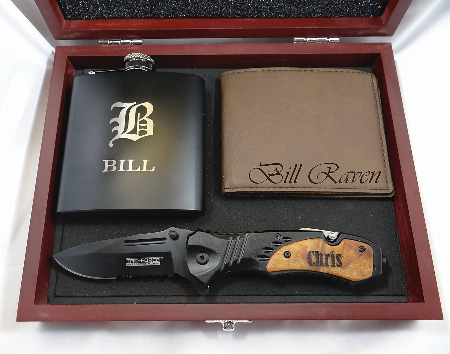 Groomsmen Gift Box Set, Engraved Flask, Groomsman Gifts, Personalized Knife, Gift for Groom, Engraved Wallet, Monogrammed Wooden Box