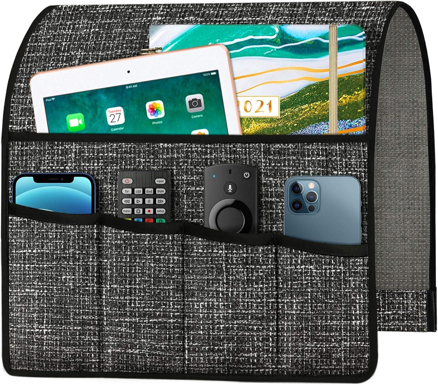Joywell Thick Linen Sofa Arm Chair Caddy Armrest Organizer, Remote Control Holder for Recliner Couch with 5 Pockets for Magazine, Tablet, Phone, iPad, Dark Grey
