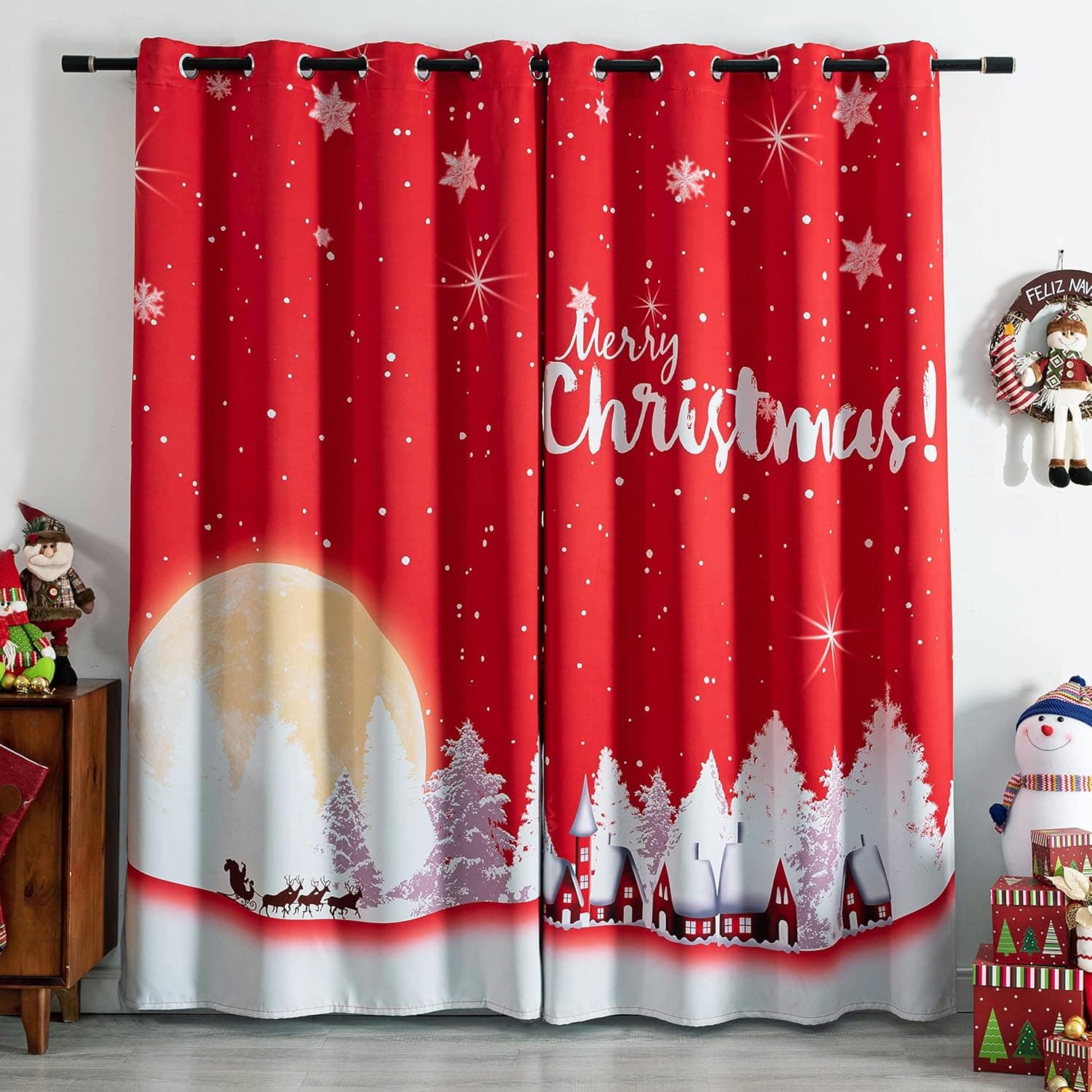 Awmneow Blackout Christmas Curtains for Living Room-Snowflakes and Christmas Moon Design Xmas Curtain 84 Inches Long, Thermal Insulated Holiday Red Window Drapes Panel(2 Panel, 52 x 84 Inch)