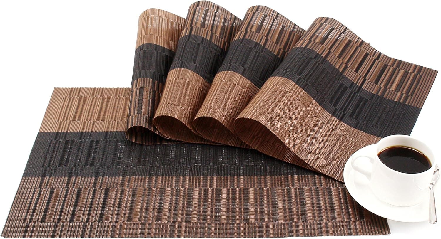 GEFEII Exquisite Bamboo PVC Placemats Woven Vinyl Non-Slip Kitchen Place Mats for Dining Wedding Party Heat-Resistant Waterproof Table Mats (Ombre Coffee and Black, 4)