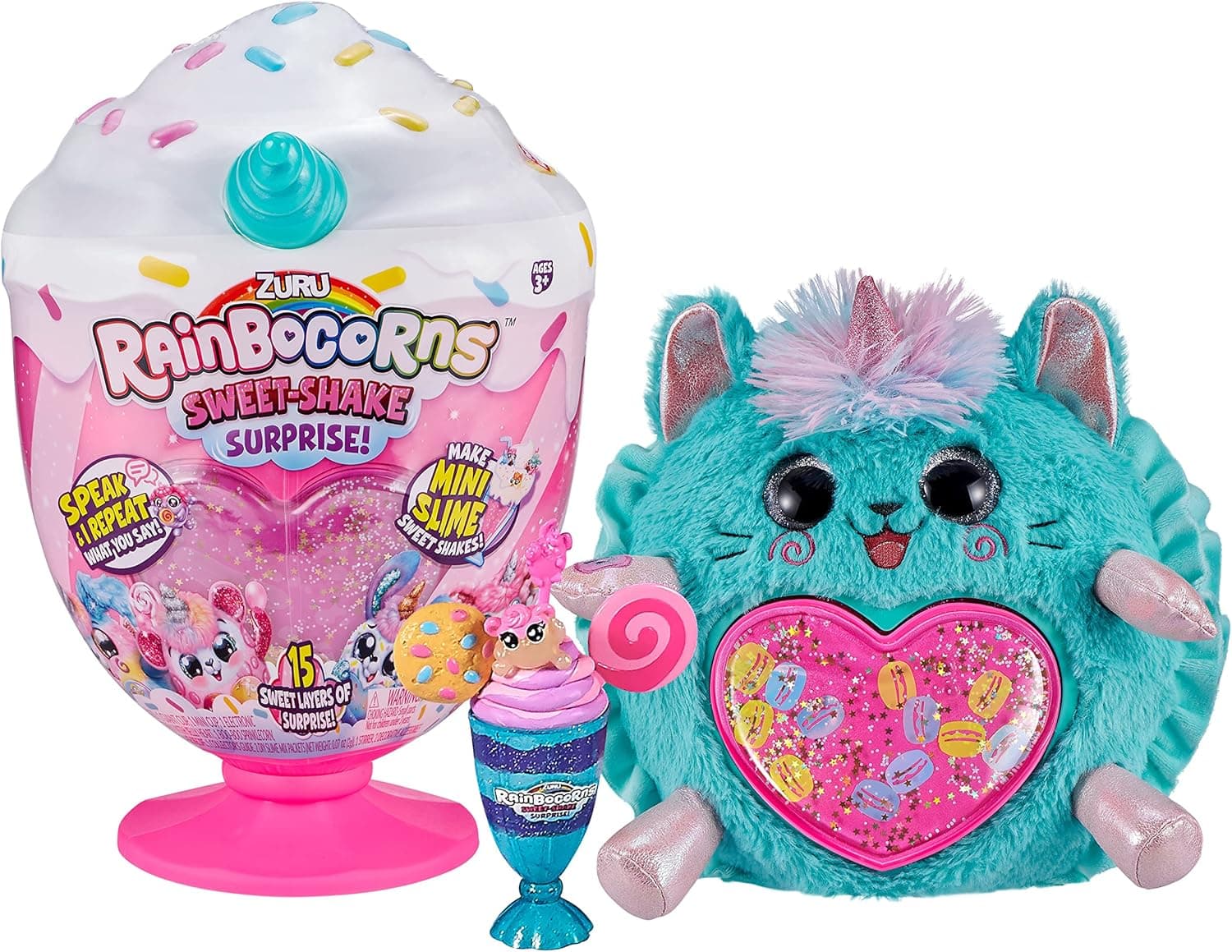 Rainbocorns Sweet Shake Surprise - 13" Kitty Cuddle Plush Scented Stuffed Animal - 15+ Layers of Surprises, DIY Slime Mix, Talkback Feature and More, Ages 3+