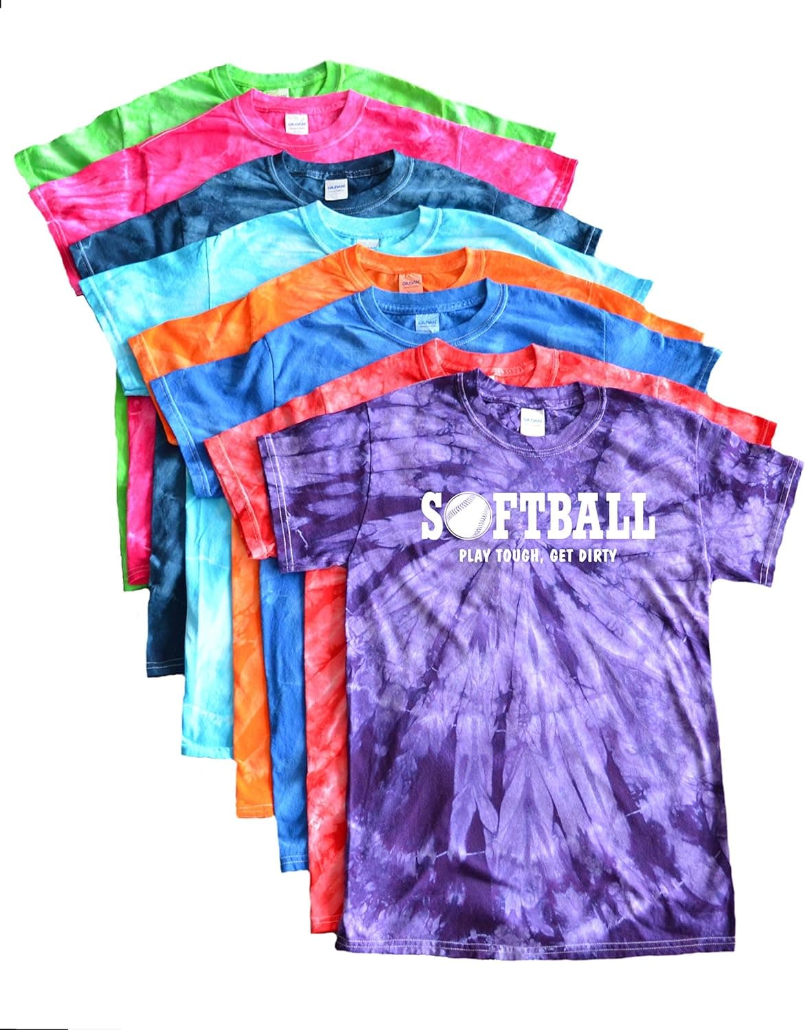 JANT girl Softball Tie Dye T-Shirt - Play Tough, Get Dirty White Logo (Adult and Youth Sizes)