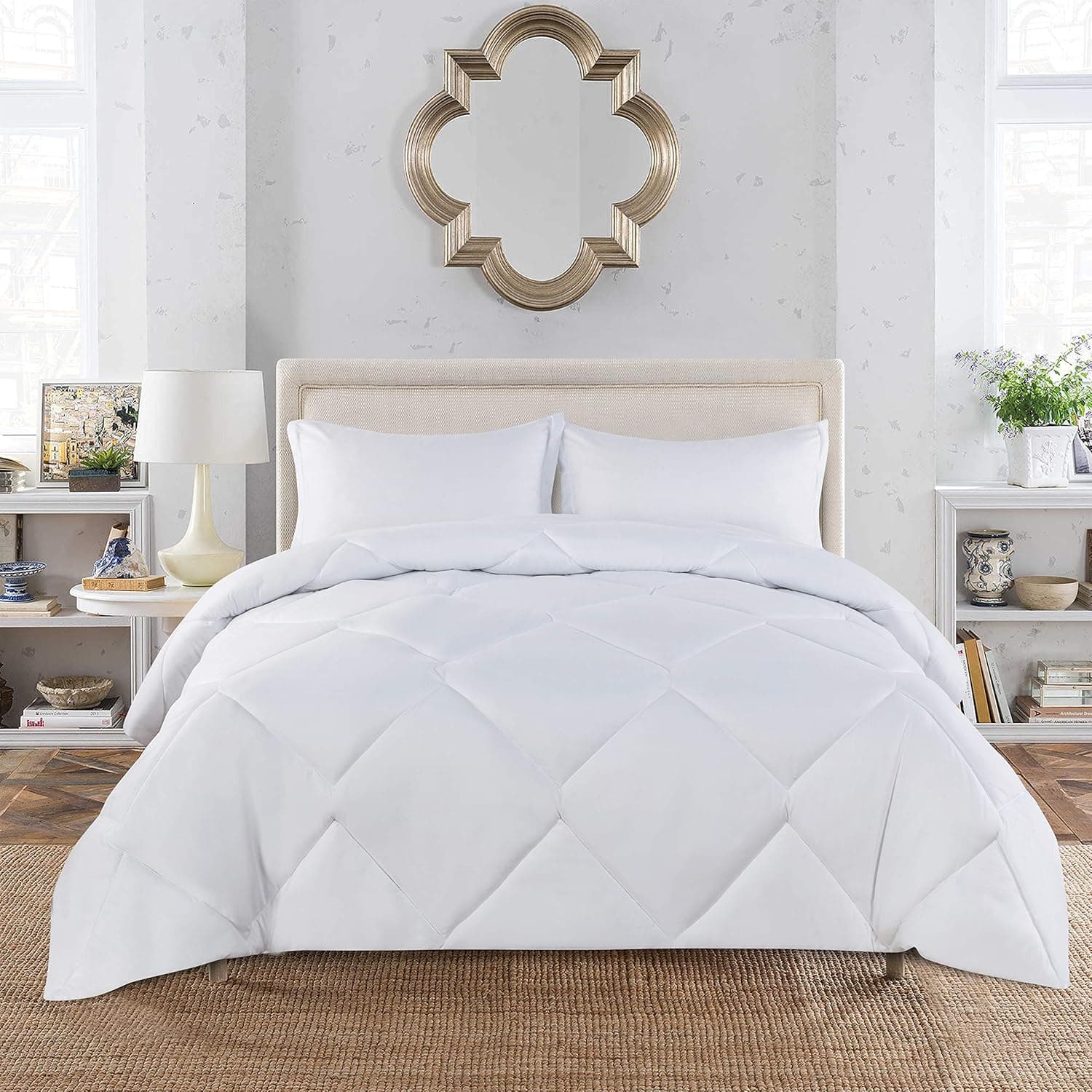 VENESSCO Queen Comforter Set, Down Alternative Quilted Comforter Duvet Insert for Queen Bed, Bedding Comforter Sets with 2 Pillow Shams, All Season Reversible (Queen, White)