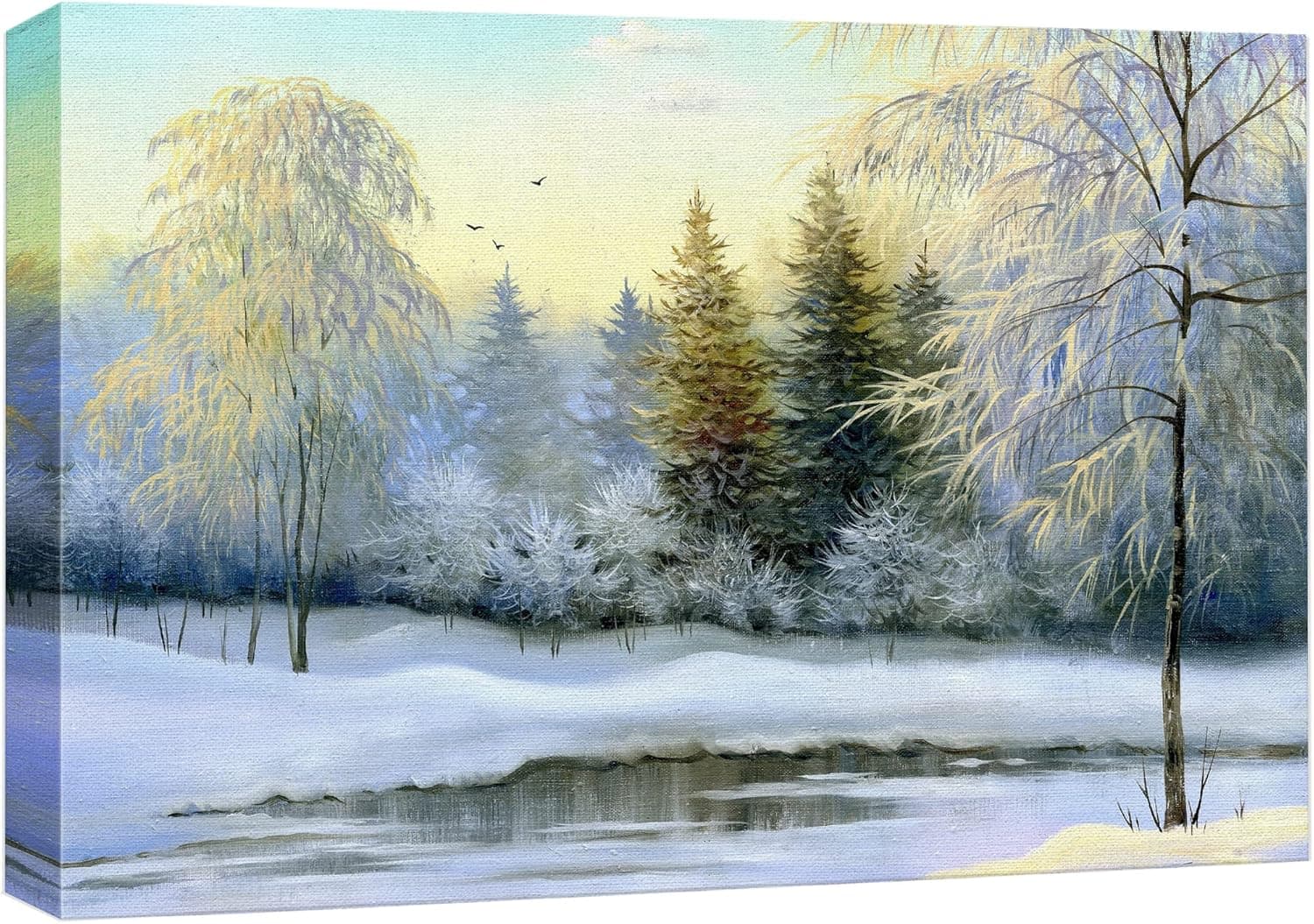 wall26 Canvas Print Wall Art Winter Forest Landscape with Frozen Lake Nature Wilderness Illustrations Modern Art Rustic Scenic Colorful Multicolor for Living Room, Bedroom, Office - 24"x36"