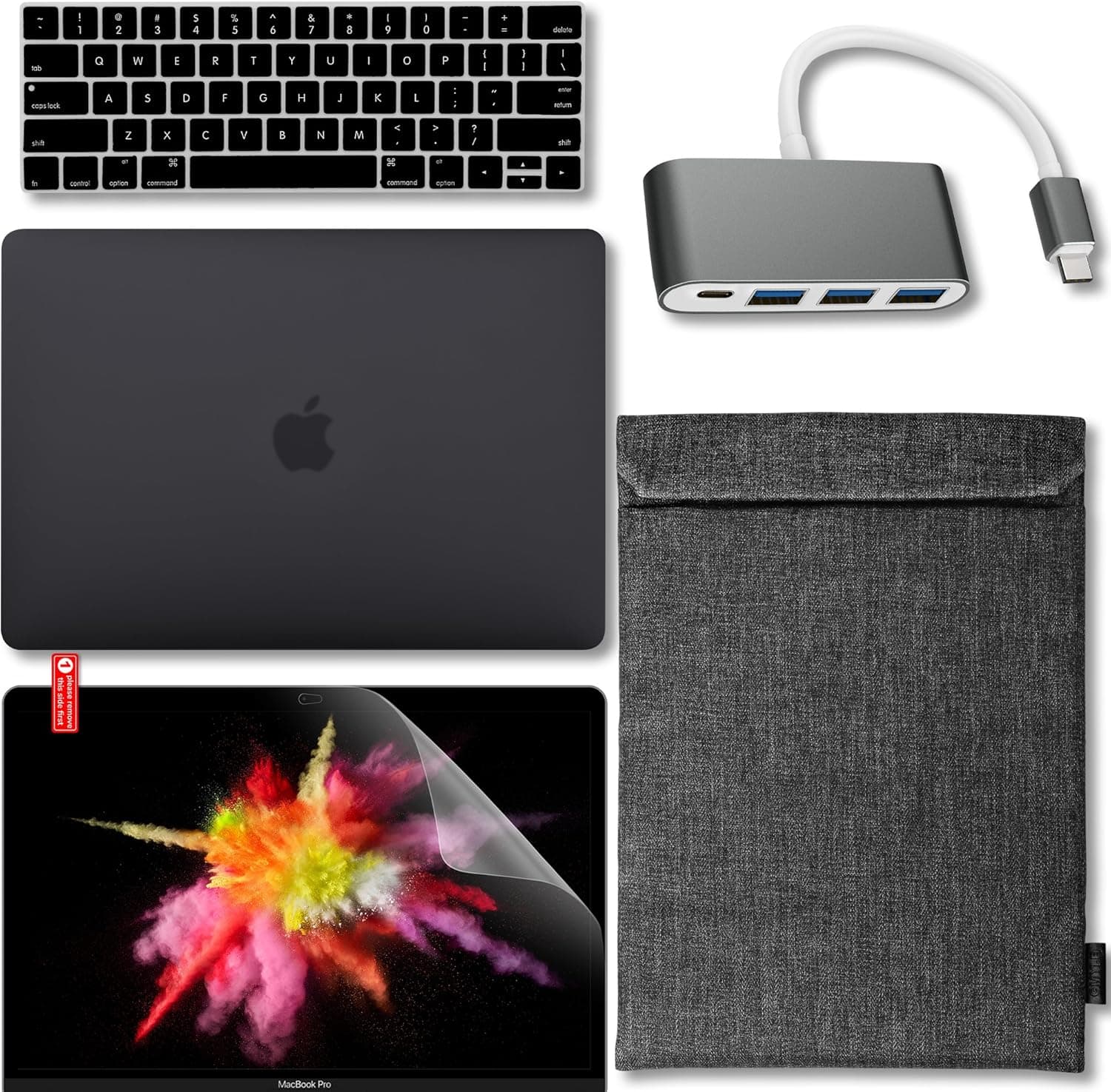 GMYLE New MacBook Pro Touch Bar 13 Inch A1989 / A1706 / A1708 (2016,2017,2018 Release) Bundle, USB C Hub Adapter, Hard Case, Carrying Canvas Sleeve Bag, Keyboard Cover & Screen Protector - Black