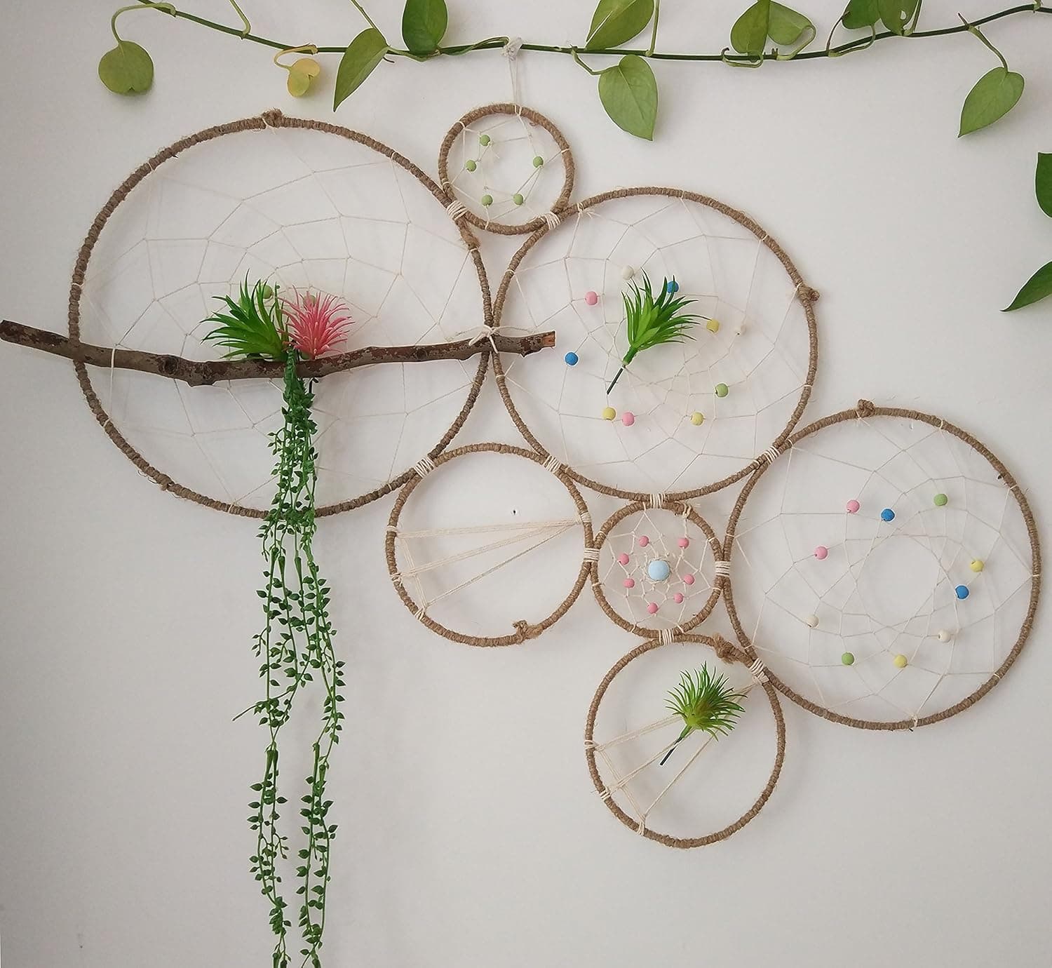 HiPlus Large DIY Dream Catcher Hanging Planter Holder,Dreamcatcher Set Air Plant Wall Display,Boho Rustic Wedding Backdrop with Free Artificial Succulent Catcus Plants