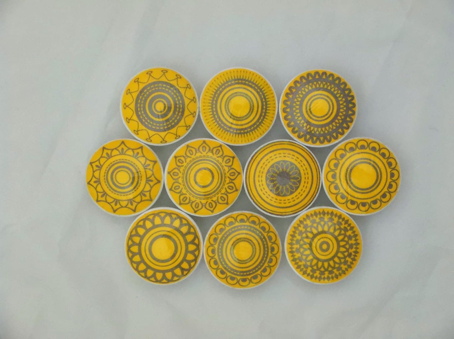 Set of 10 Yellow and Gray Mandala Cabinet Knobs