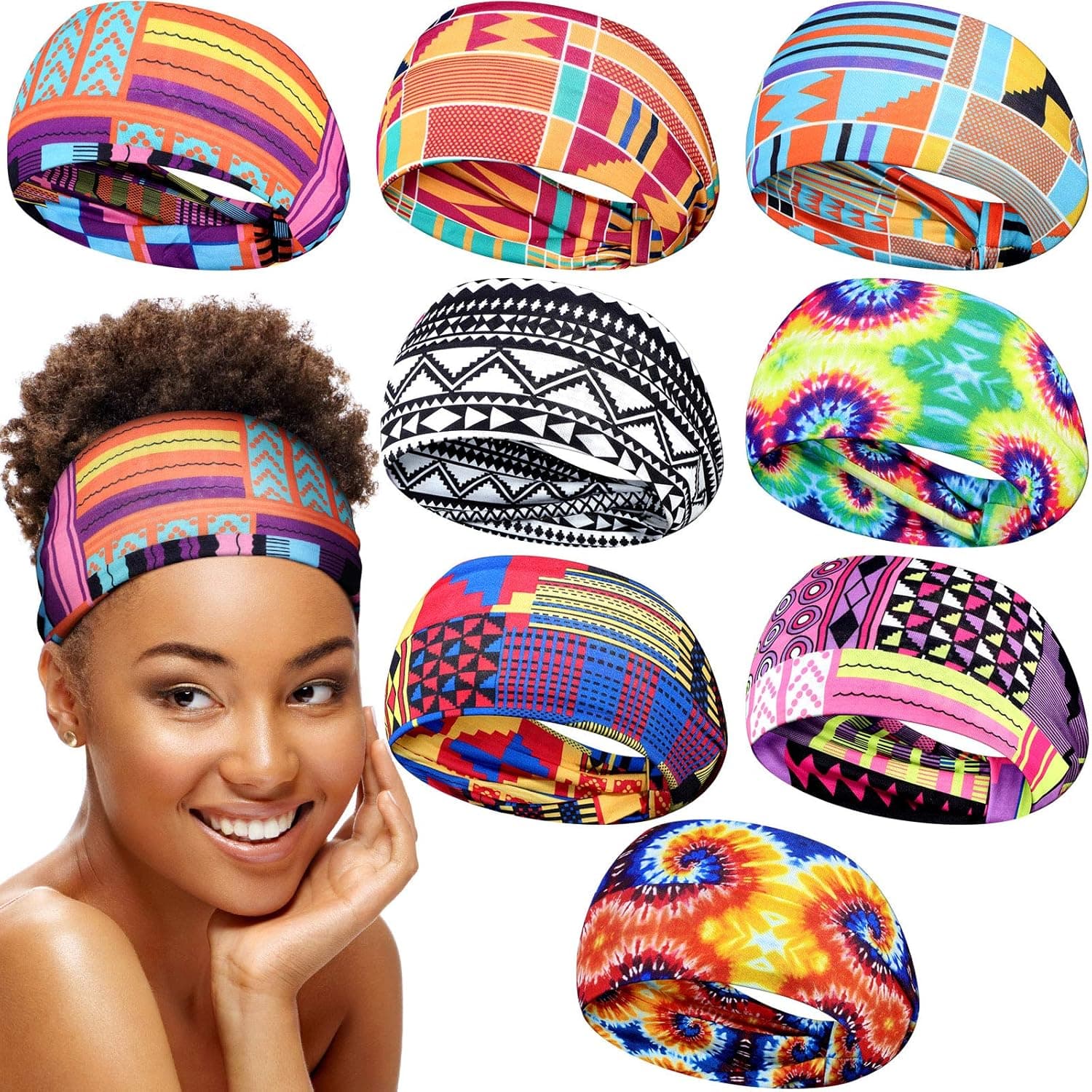 8 Pieces African Headband for Women Boho Print Headband Stretch Fabric Wide Knotted Headband for Women Girls (Classic African Pattern)