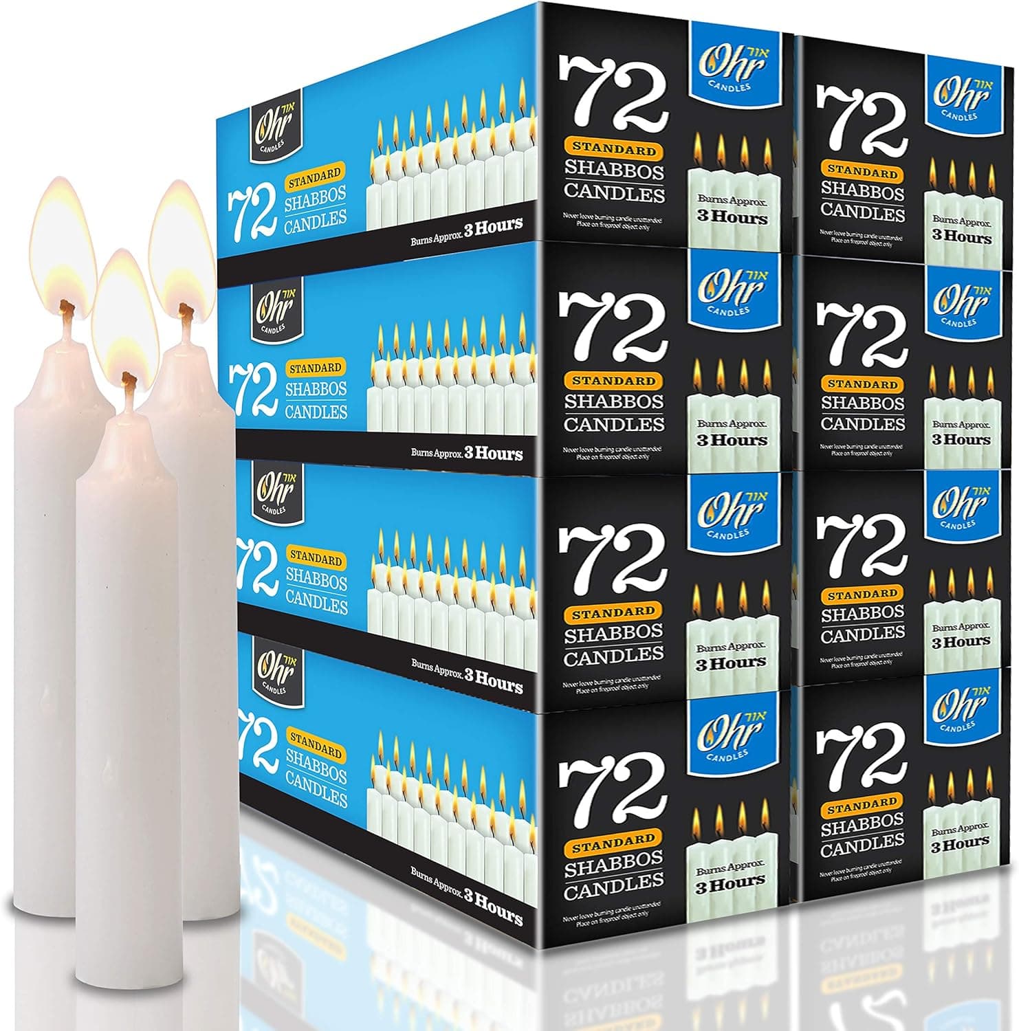 Shabbat Candles - Traditional Shabbos Candles - 3 Hour - 72 Count, 8 Pack, Bulk Shabbat Candles - Ohr