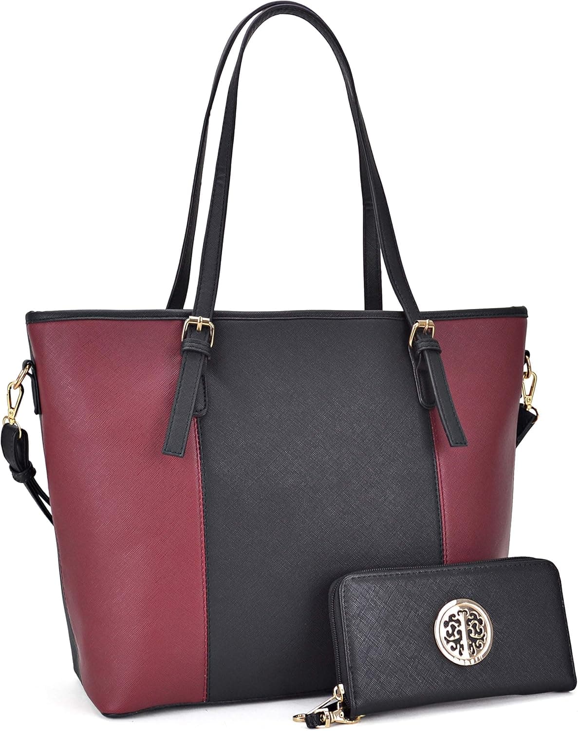 Dasein Women Two Tone Handbag Top Handle Satchel Purse Totes Work Shoulder Bag With Matching Wallet
