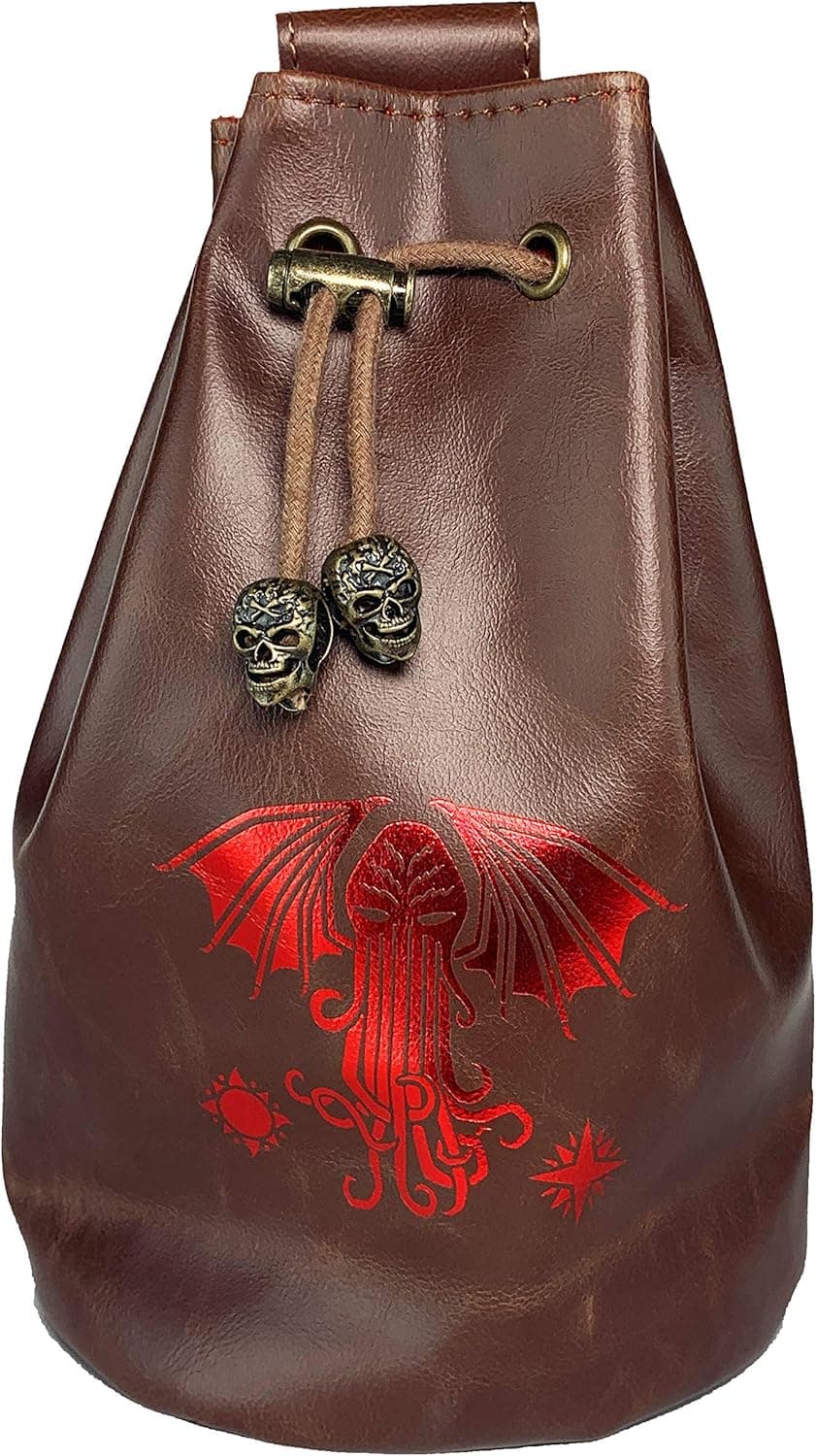 Fantasydice Brown/Red Cthulhu Dice Bag with 4 Side Pockets and 1 Large Inner Pocket Fits More Than 250 Polyhedral Dice and with A Belt Attachment for Easy Carrying DND Dice for Dungeons and Dragons