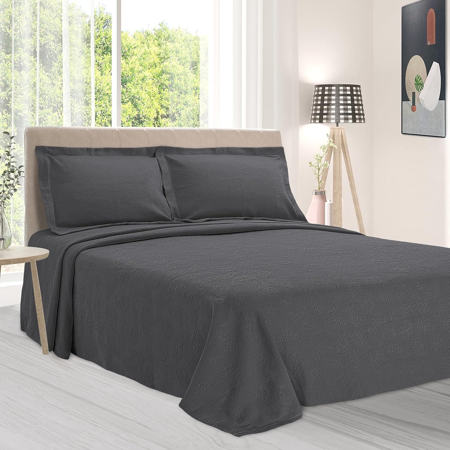 SUPERIOR Cotton Matelasse Bedspread Set, Oversized, Lightweight Bedding, 1 Quilt Bed Spread, 2 Pillow Shams, Coverlet Decor, Jacquard Weave, Paisley Collection, Grey, Twin Size