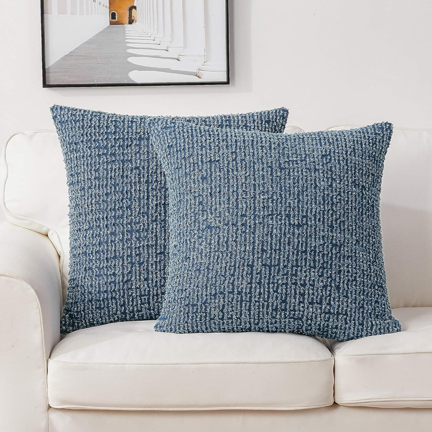 Longhui bedding Crochet Cotton Denim Navy Blue Throw Pillow Cover, 22 x 22 Decorative Pillows Cushion Covers for Couch Sofa Bed, Zipper Closure, Set of 2, Deep Blue