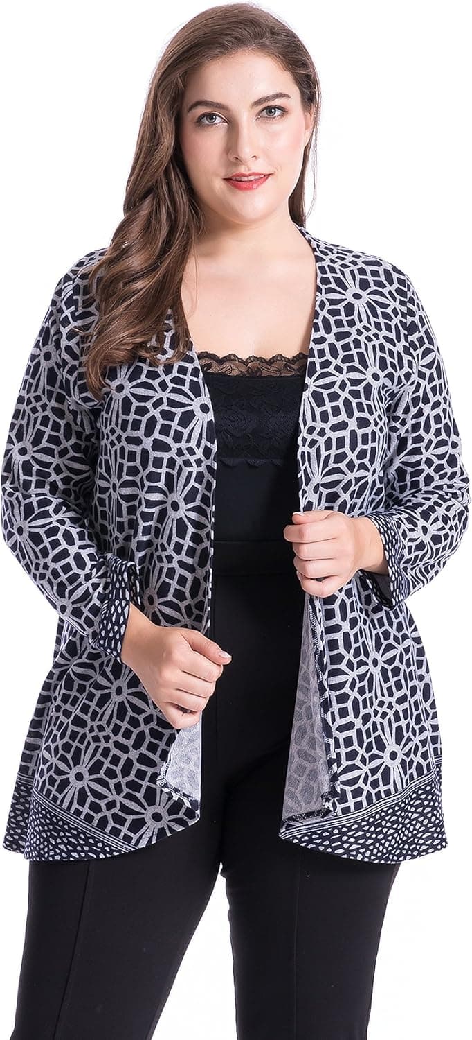 Chicwe Women's Plus Size Cashmere Touch Floral Printed Cardigan Style Jacket - Open Front Casual Jacket 2X