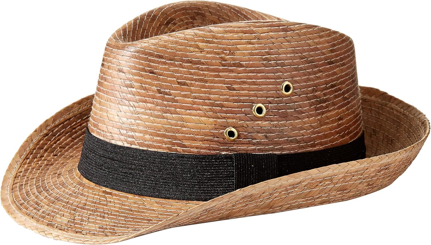 MEXIMART Mexican Palm Leaf Dark Tan Straw Wide Brim Fedora Hat, Black Hatband w/Grommets